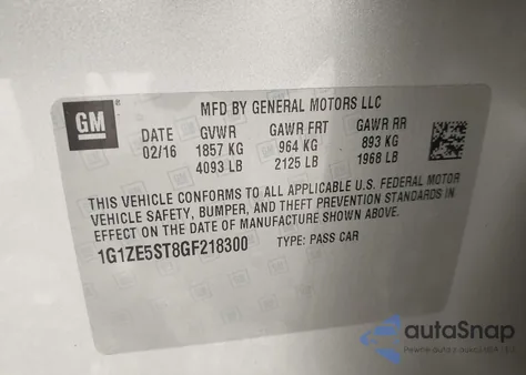 2016 Chevrolet Malibu 1Lt z USA, uszkodzony, nr VIN 1G1ZE5ST8GF218300